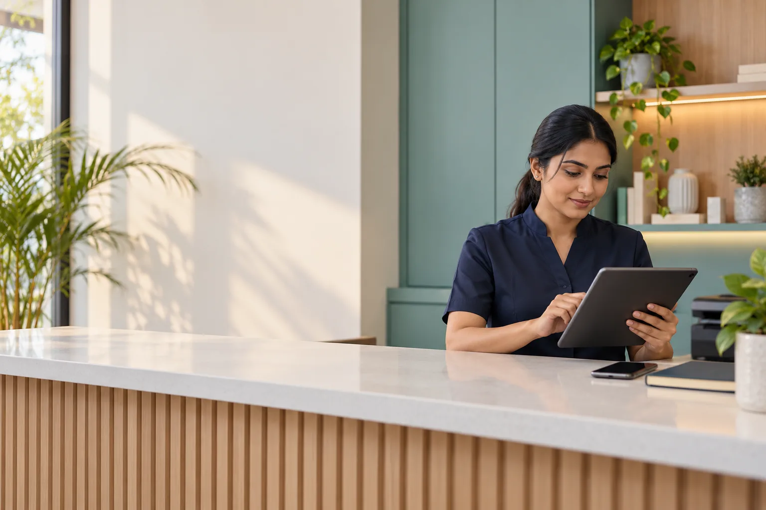 A clinic receptionist working at a tablet